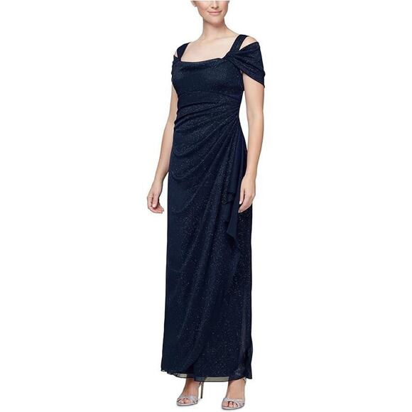 Alex Evenings Women's Cold-Shoulder Draped Metallic Gown, Dark Navy Size 10P - Picture 1 of 5
